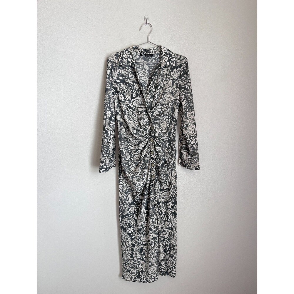 Zara Paisley Print Ruched Midi Dress in Gray Combo Size XL